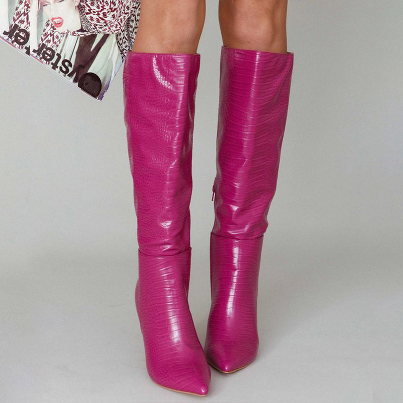 Classic Fuchsia Croco Embossed Pointed Toe Stiletto Knee High Boots