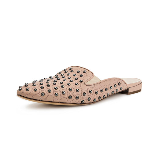 Beige Vegan Leather Closed Toe Flat Mules with Studs