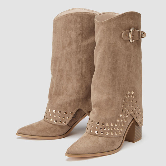Khaki Vegan Suede Stacked Heel Buckle Studded Fold Over Mid Calf Boots