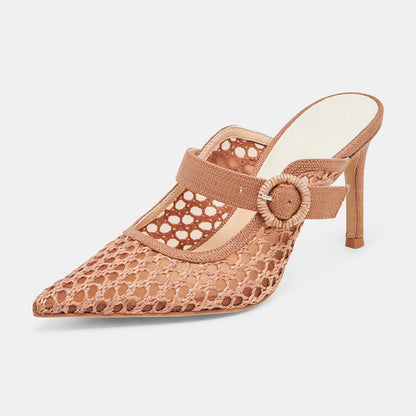 Brown Woven Raffia Pointed Toe Cut-Out Buckle Strap Mule Heels
