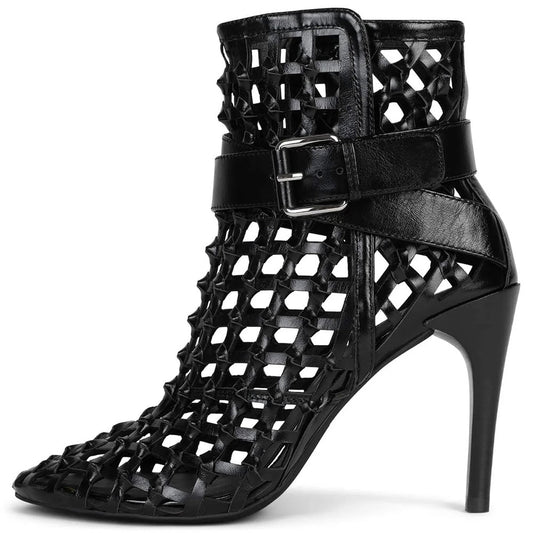 Black Woven Round Toe Stiletto Heel Ankle Boots with Buckled Strap