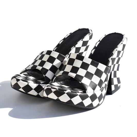Black & White Plaid Open Toe Heeled Mules Sandals with Platform
