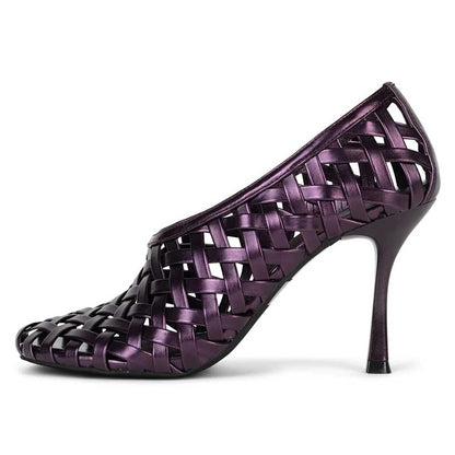 Stylish Metallic Round Toe Spool Heel Woven Pumps Shoes in Purple