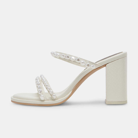 White Round Toe Chunky Heel Pearl-Studded Strappy Mules