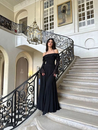 Vintage Black Chiffon Off-the-shoulder A-Line Long Prom Dress Party Dress Evening Dress TP4488