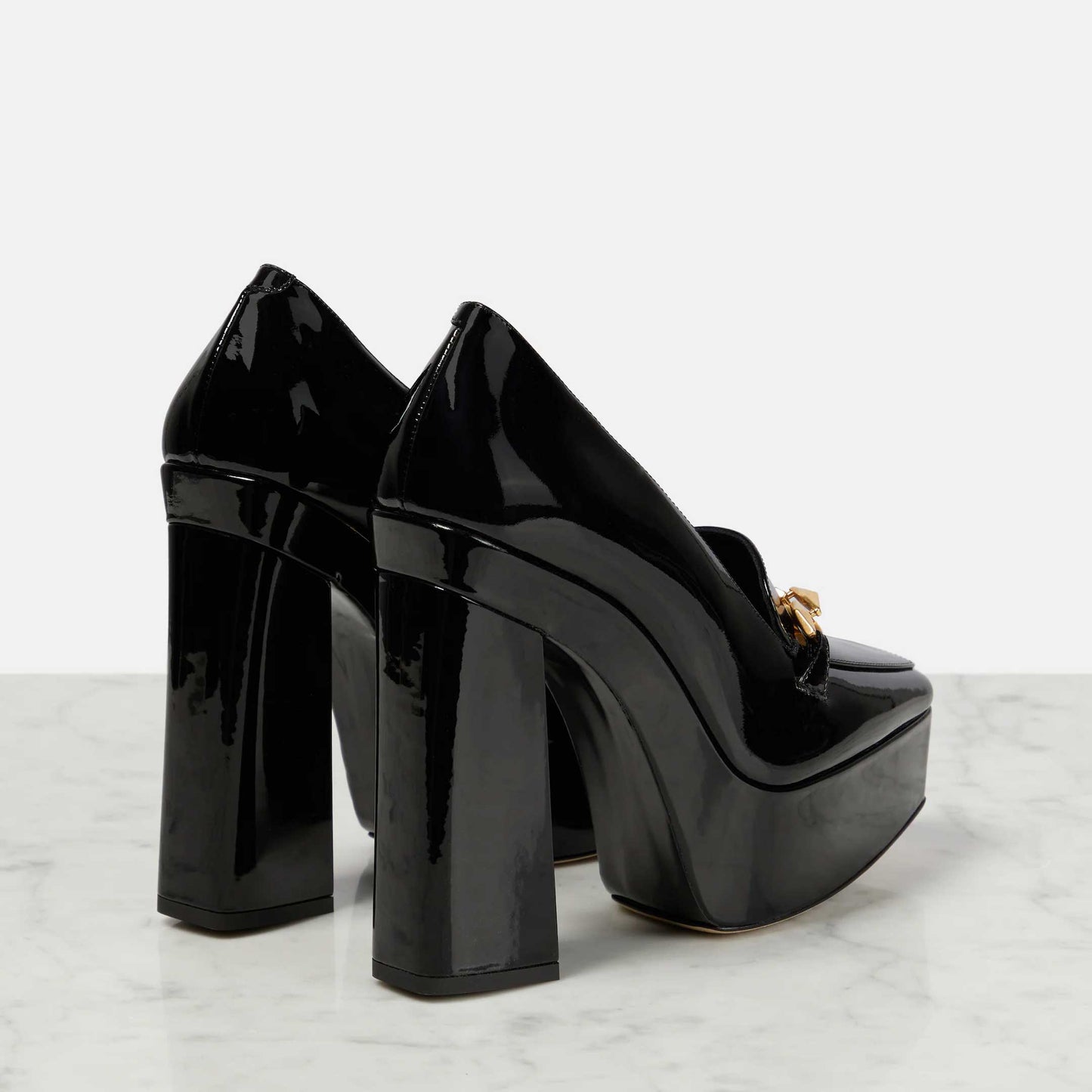 Black Patent Leather Square Toe Buckled Chunky Heels Platform Loafers