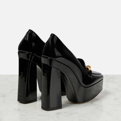 Black Patent Leather Square Toe Buckled Chunky Heels Platform Loafers