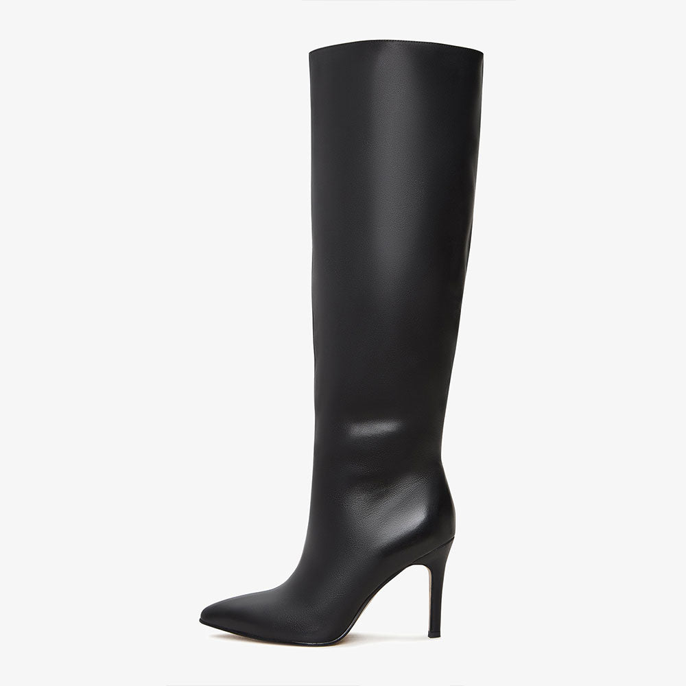 Black Pointed Toe Half-Zipper Stiletto Heel Knee High Boots for Women