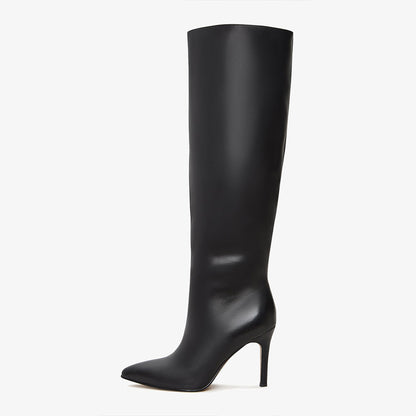 Black Pointed Toe Half-Zipper Stiletto Heel Knee High Boots for Women