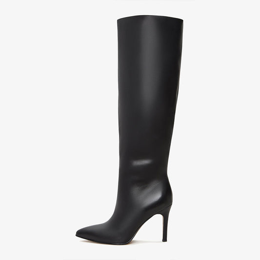 Black Pointed Toe Half-Zipper Stiletto Heel Knee High Boots for Women