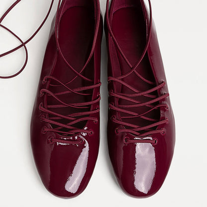 Burgundy Patent Leather Round Toe Lace-Up Ballet Flats with Straps