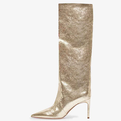 Gold Metallic Pointed Toe Stiletto Heel Wide Calf Knee High Boots