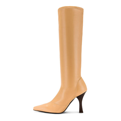 FSJ Tan Square Toe Flared Heel Pull-On Knee High Boots for Women