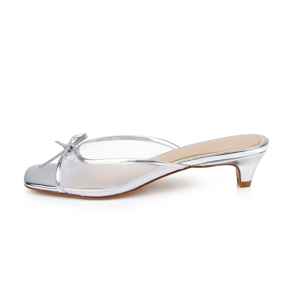 Women's Classy Silver Mesh Open Square Toe Bow Decor Mule Heels