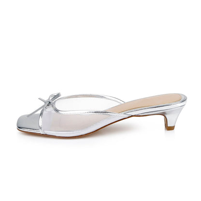 Women's Classy Silver Mesh Open Square Toe Bow Decor Mule Heels
