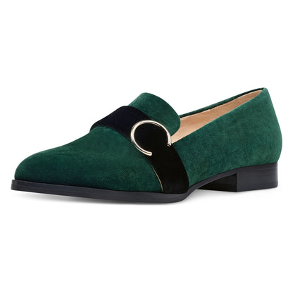 Green Almond Toe Buckled Flats Loafers for Women