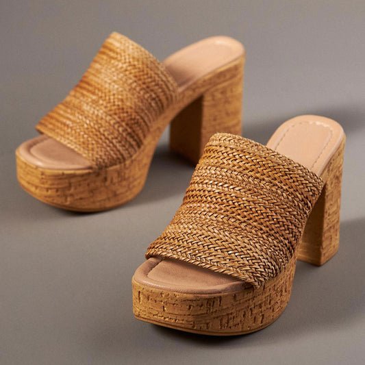 Tan Open Toe Block Heel Woven Slip-On Platform Women's Mules Shoes