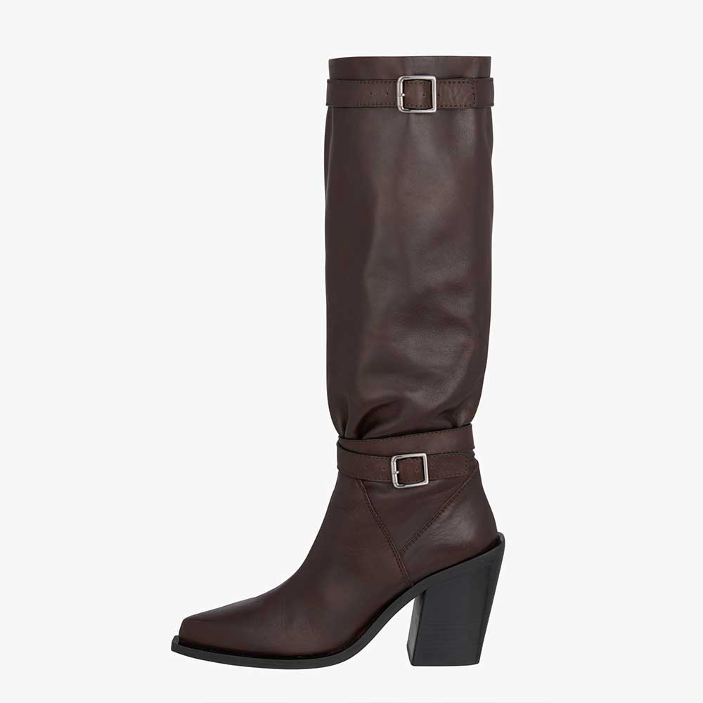 Dark Brown Vegan Leather Pointed Toe 3__ Chunky Heel Knee High Boots