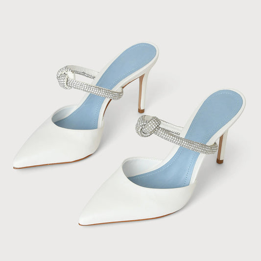 White Pointy Toe Stiletto High Heel Mules with Rhinestone Strap