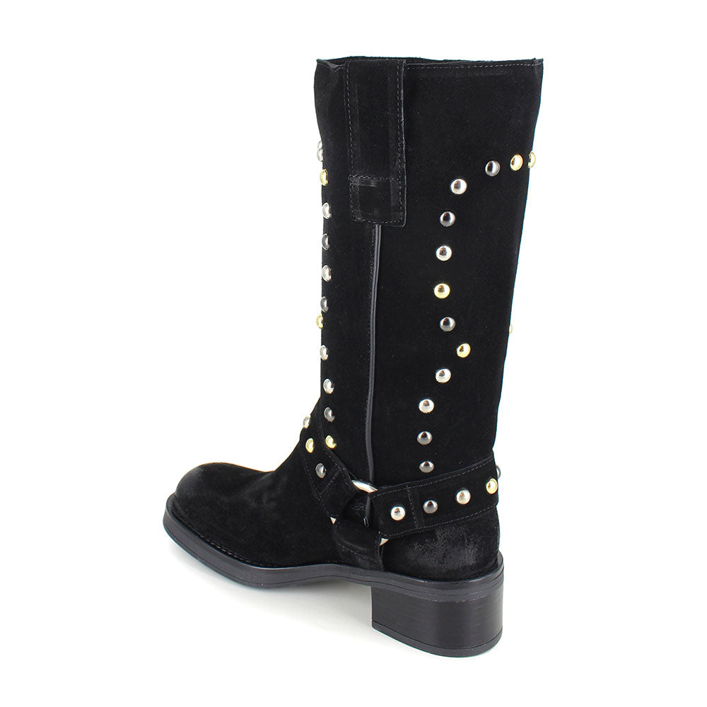 Studded Chunky Heel Square Toe Hardware Mid Calf Boots in Black