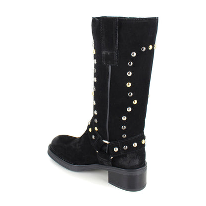 Studded Chunky Heel Square Toe Hardware Mid Calf Boots in Black