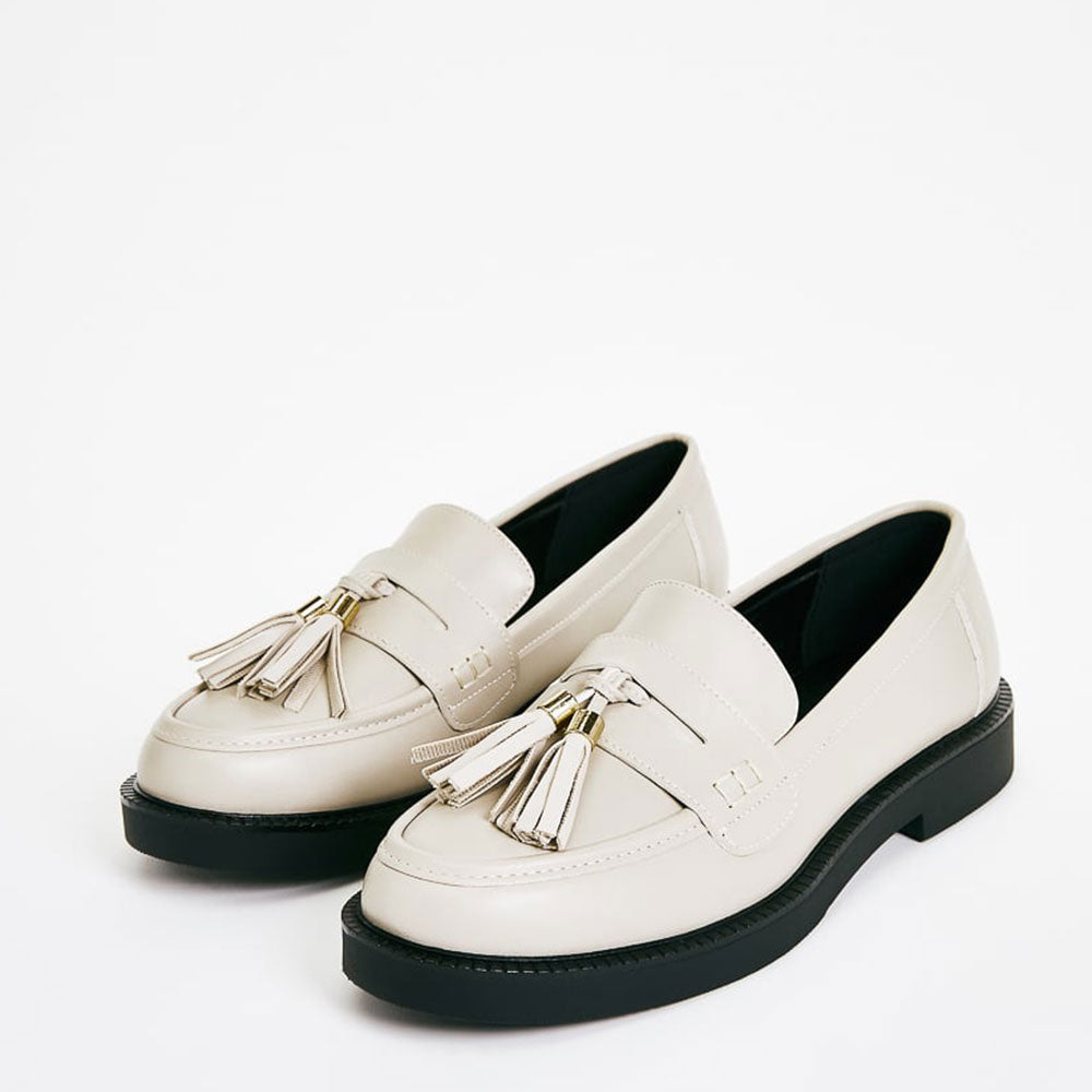 Beige Tassel Penny Loafers Round Toe Business Casual Shoes for Women