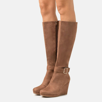 Brown Round Toe Buckle Strap Wedge Heel Platform Knee High Boots