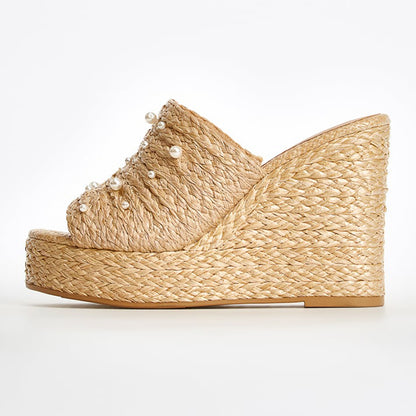 Nude Open Toe Wedge Heel Woven Platform Mules Summer Pearl Sandals