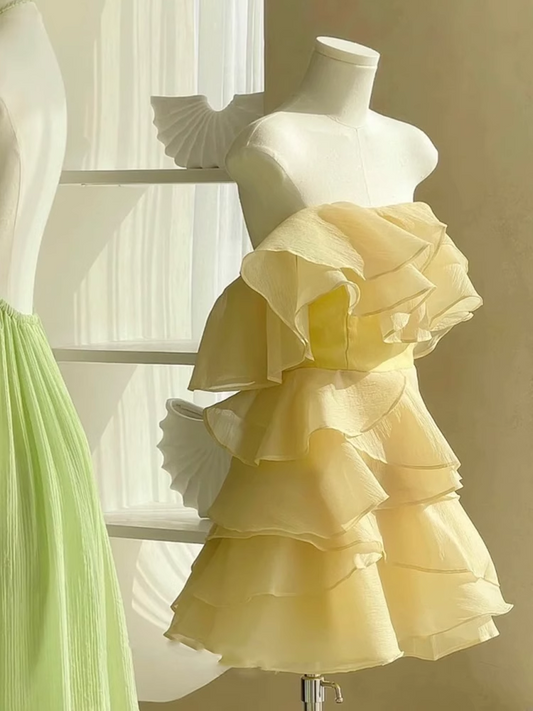 Fashion Yellow Strapless Ruffled Hem Design A-line Tiered Party Dresses Homecoming Dresses, TP3843