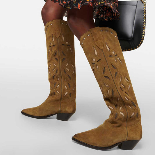 Brown Faux Suede Pointed Toe Cutout Shoes Chunky Heel Knee High Cowgirl Boots