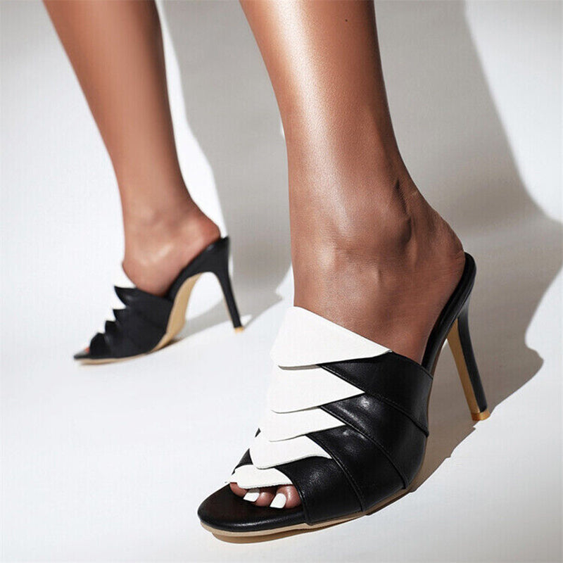 Black & White Peep Toe Heels Vintage Folded Vamp Mules for Women