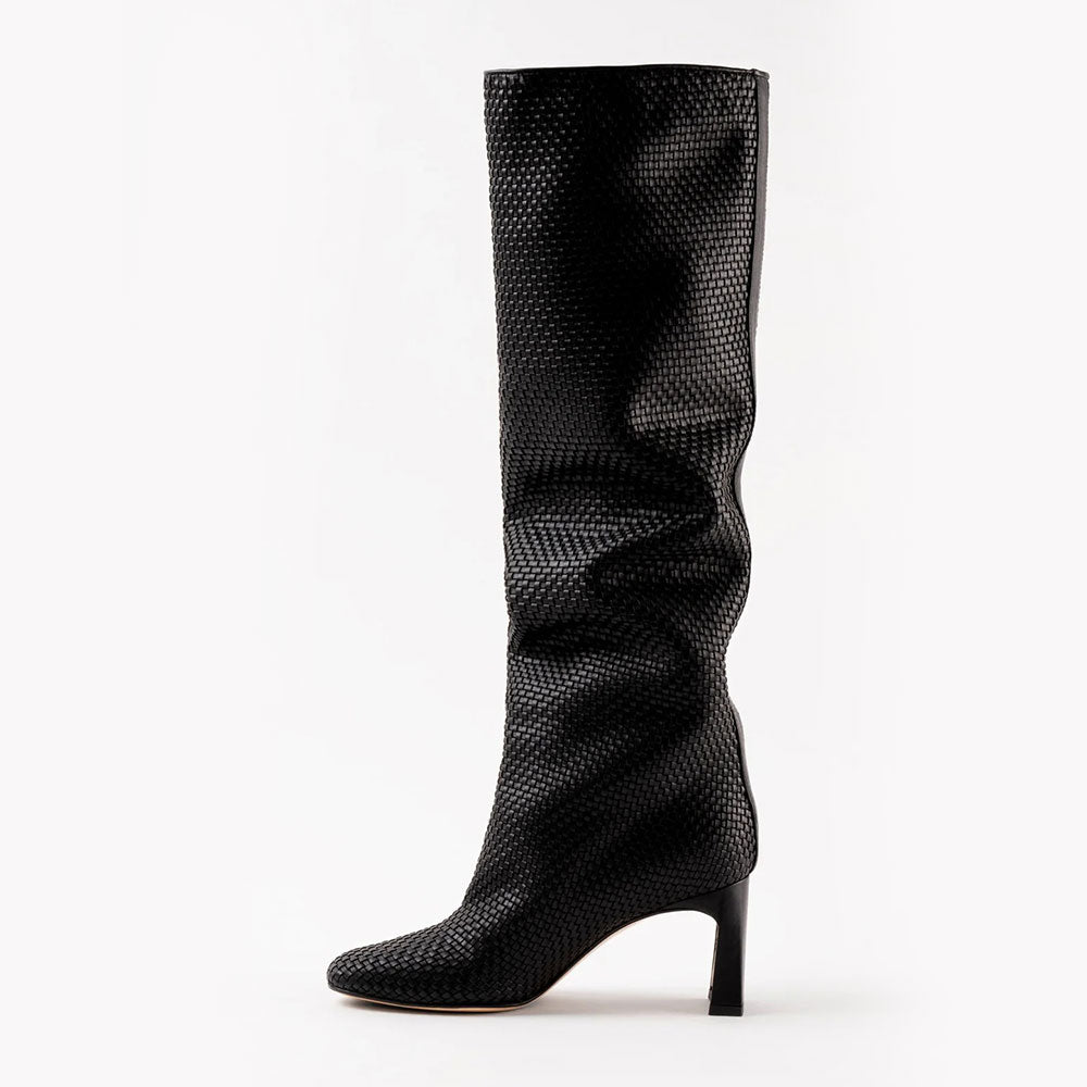 Black Woven Round Toe Chunky Heel Slouchy Knee High Boots