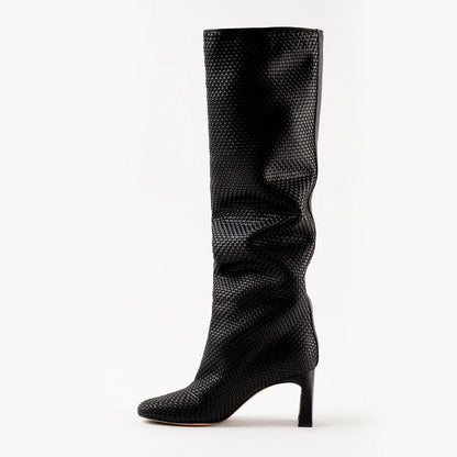 Black Woven Round Toe Chunky Heel Slouchy Knee High Boots