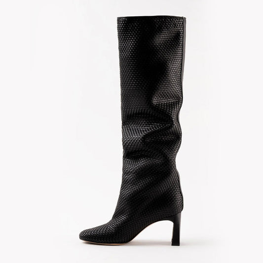 Black Woven Round Toe Chunky Heel Slouchy Knee High Boots