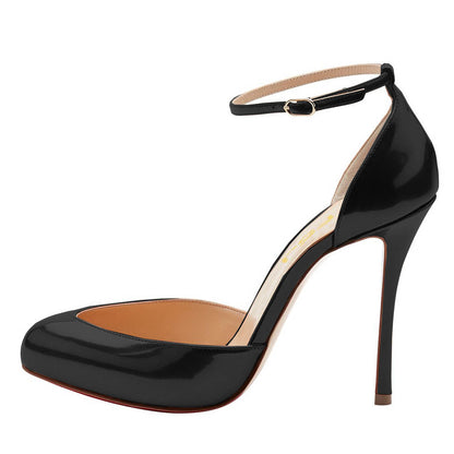 Women's Patent Leather Low Cut Ankle Strap Stiletto Heel Black Pumps