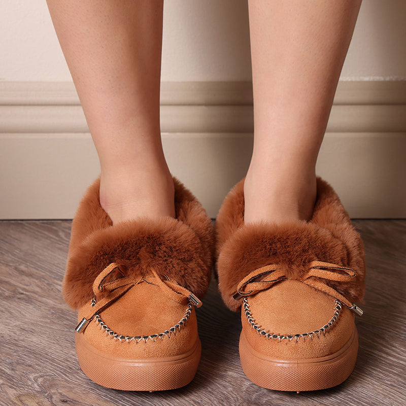 Brown Vegan Suede Round Toe Bow Flats Furry Loafer Shoes for Women