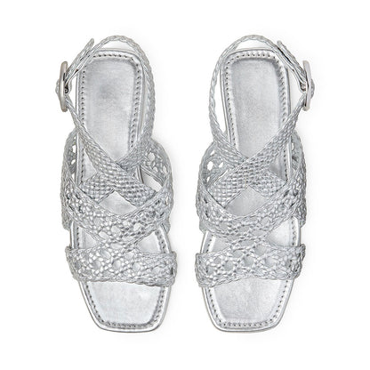 Stylish Square Toe Woven Strappy Buckled Flat Silver Sandals by FSJ