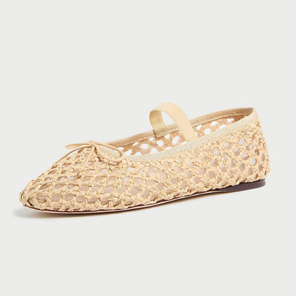 Beige Vegan Leather Round Toe Flat Woven Sophisticated Ballet Shoes