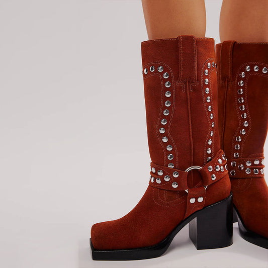 Maroon Studded Buckle Strappy Square Toe Block Heel Mid Calf Boots