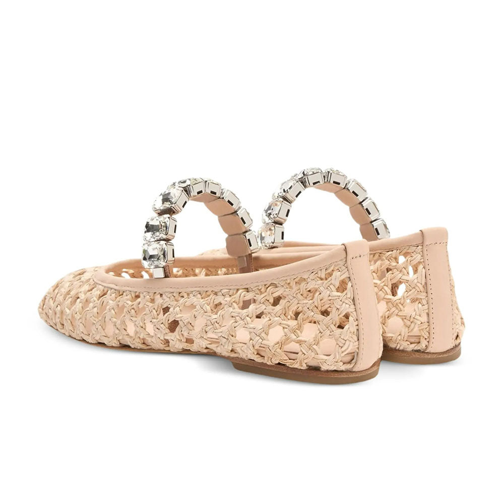 Beige Woven Round Toe Cutout Crystal Strap Flat Shoes Women