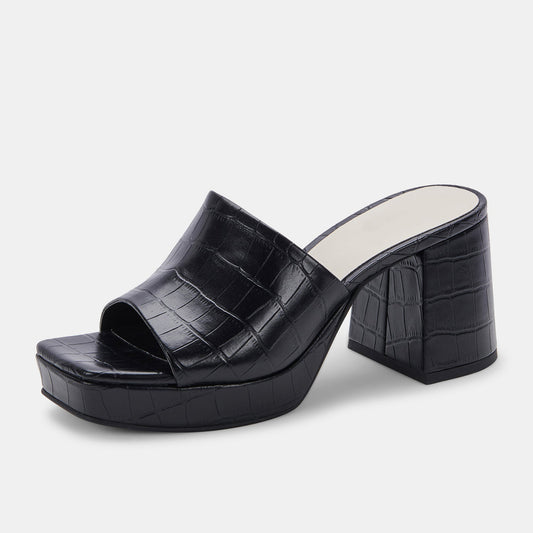 Black Croco Embossed Square Toe Block Heel Platform Mules