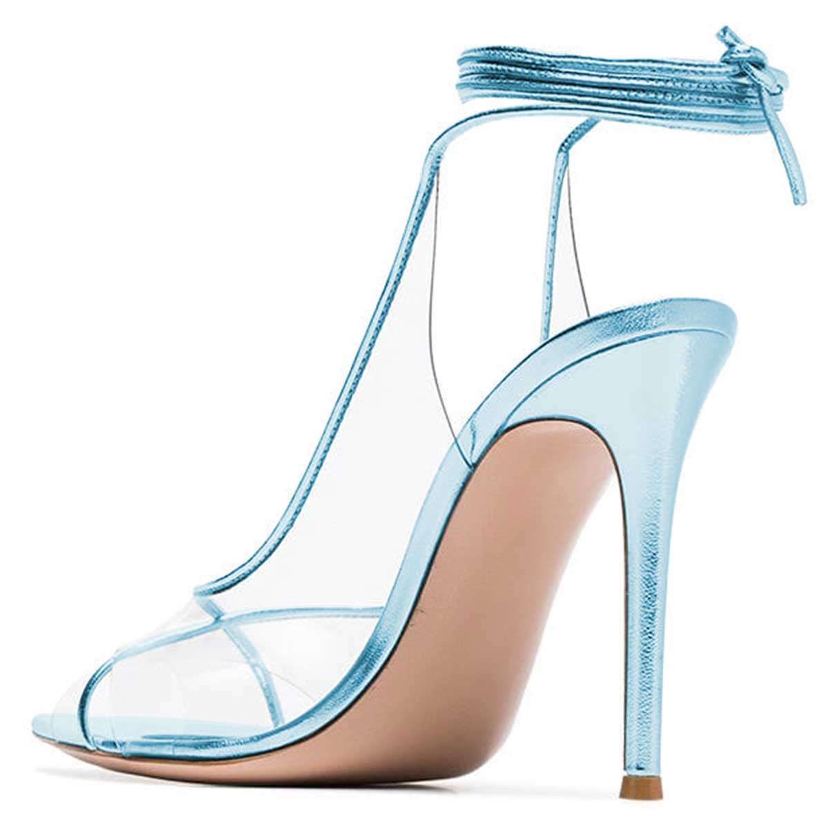 Women's Strap Around Ankle Clear Heels Peep Toe Pumps in Blue