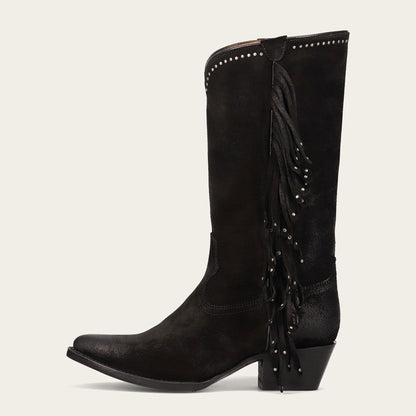 Black Fringe Pointed Toe Chunky Heel Mid Calf Boots with Studs