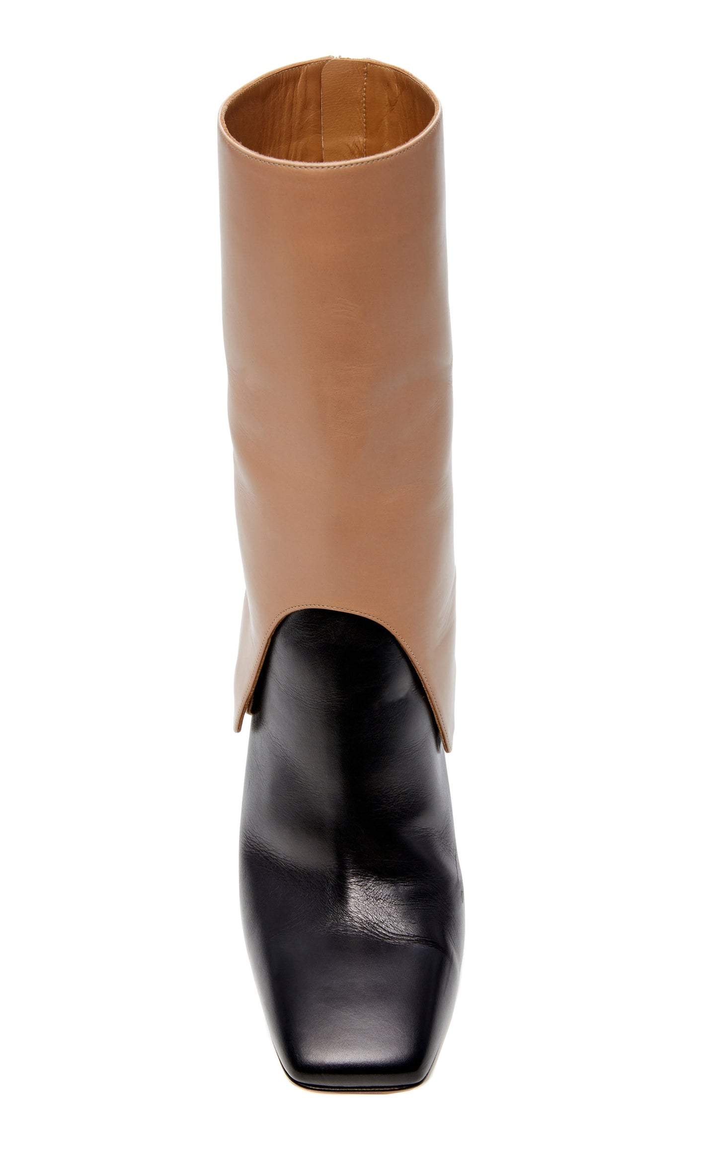 Black and Tan Saddle Style Mid Calf Boots with Block Heels