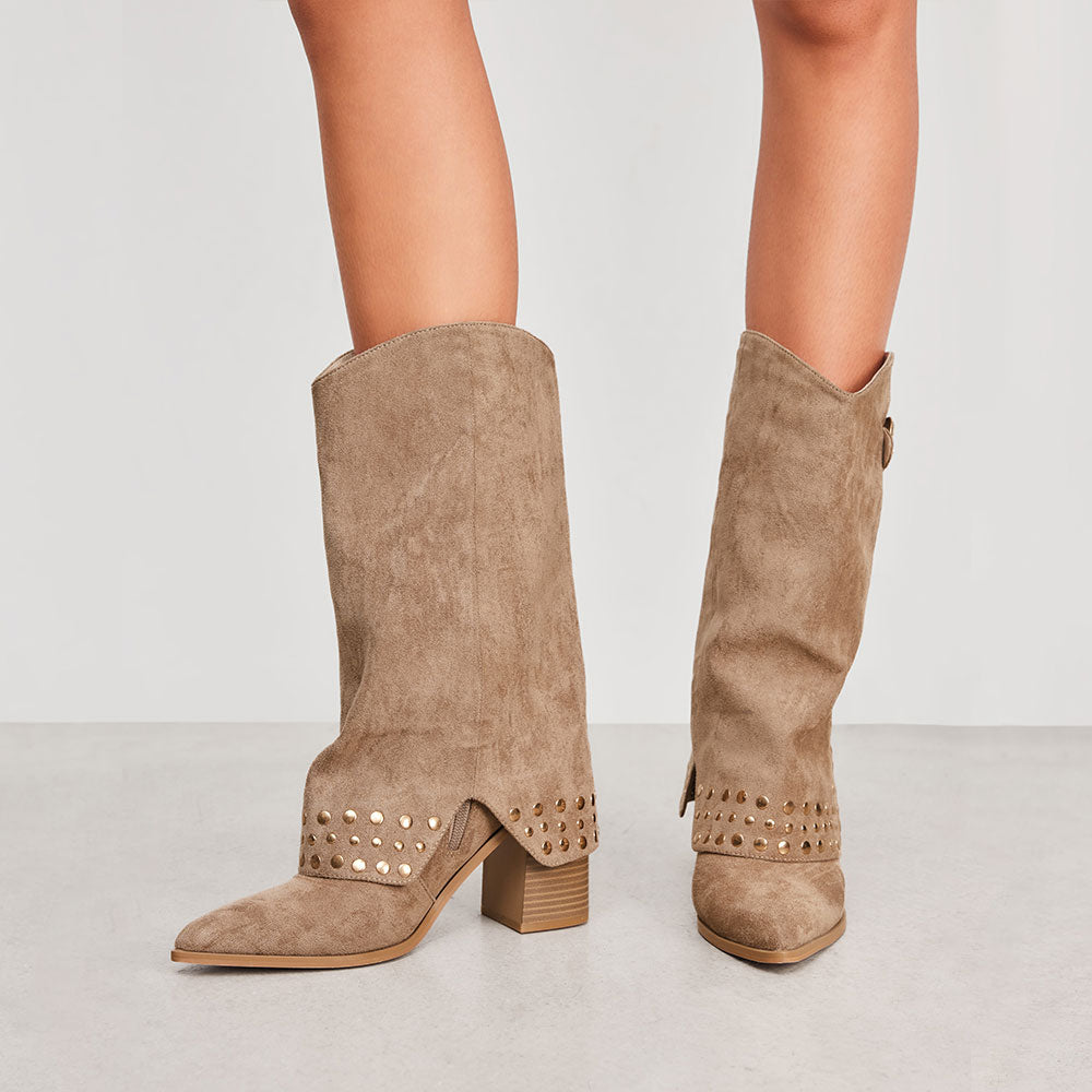 Khaki Vegan Suede Stacked Heel Buckle Studded Fold Over Mid Calf Boots
