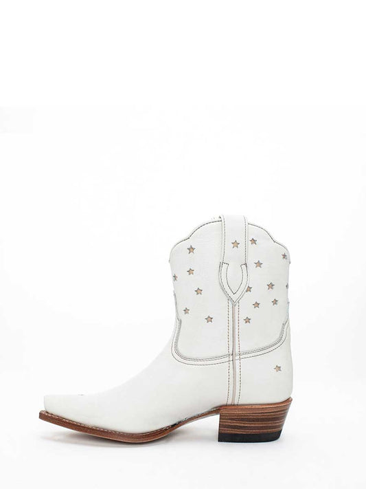 White Snip Toe Stars Detail Chunky Heel Cowgirl Ankle Boots