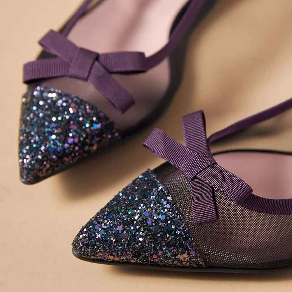Purple Mesh Patchwork Glitter Toe Cap Slip-On Flats with Bows