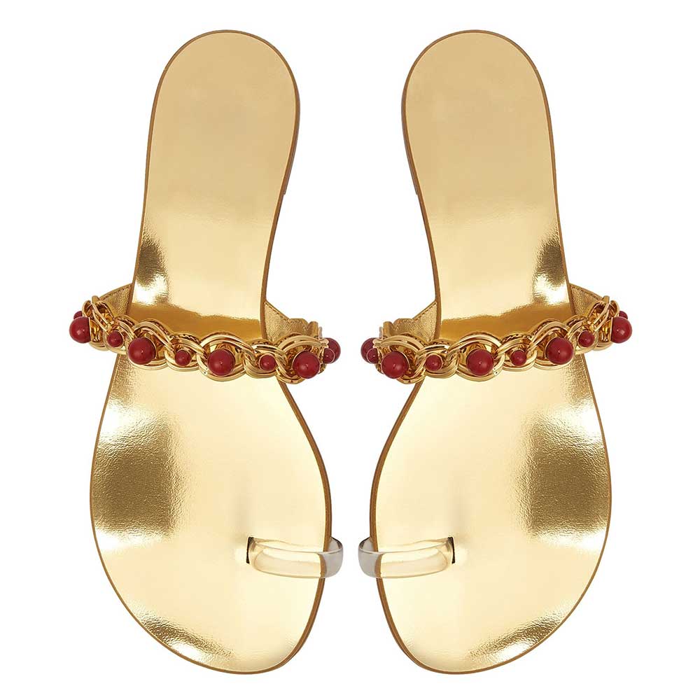 Gold Metallic Beads Embellished Chain Strap Flats Toe Ring Sandals