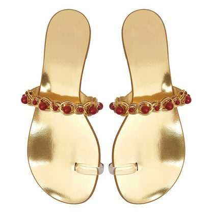 Gold Metallic Beads Embellished Chain Strap Flats Toe Ring Sandals
