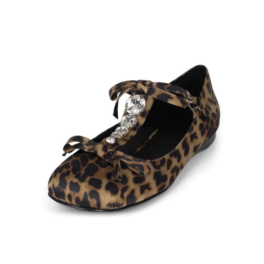 Brown & Black Leopard Print Satin Crystal Mary Jane Flats with Bows